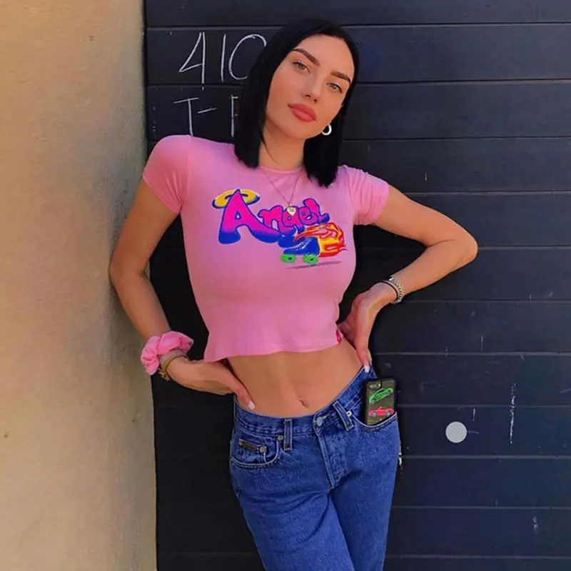 Angel с буквенным принтом розовая полосатая рубашка на одно плечо Женская Новинка