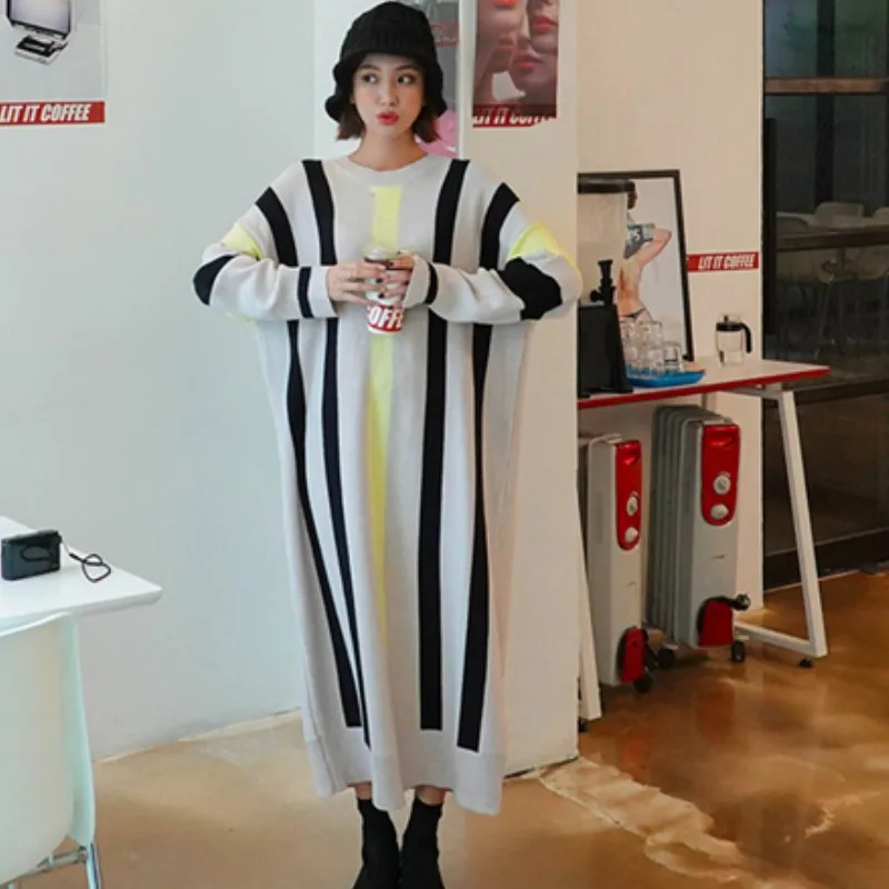 

Autumn Winter Large Size Long Sweater Dress 2021 New Women Striped Knitted Sweater Casual Loose Knit Dresses