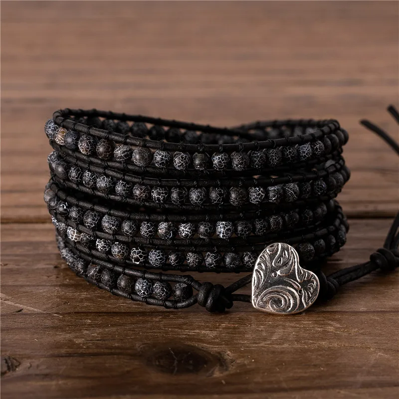 

Yoga Men's Black Frosted Agate Beads Wraps Bracelet Boho Natural Stone Wrap Around Leather Bracelet Unisex Jewelry Dropshipping
