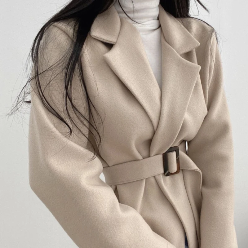 JMPRS Элегантные зимние женские шерстяные пальто Корейская мода туника с поясом