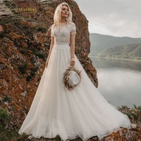 vintage lace short sleeve wedding dress for bride a line o neck floor length backless tassel applique vestidos de novia