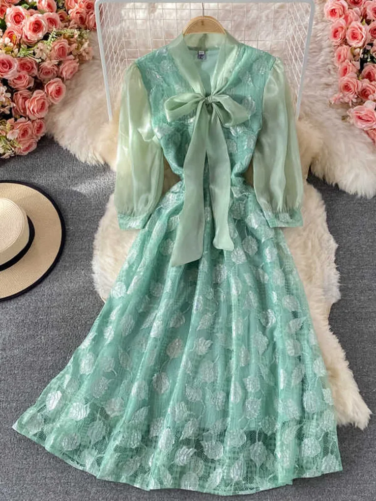 

French Women Short Sleevee Green Lace Dress Girls 2021 Summer Waist Slim Ladies Long Pleated Vintage Dresses