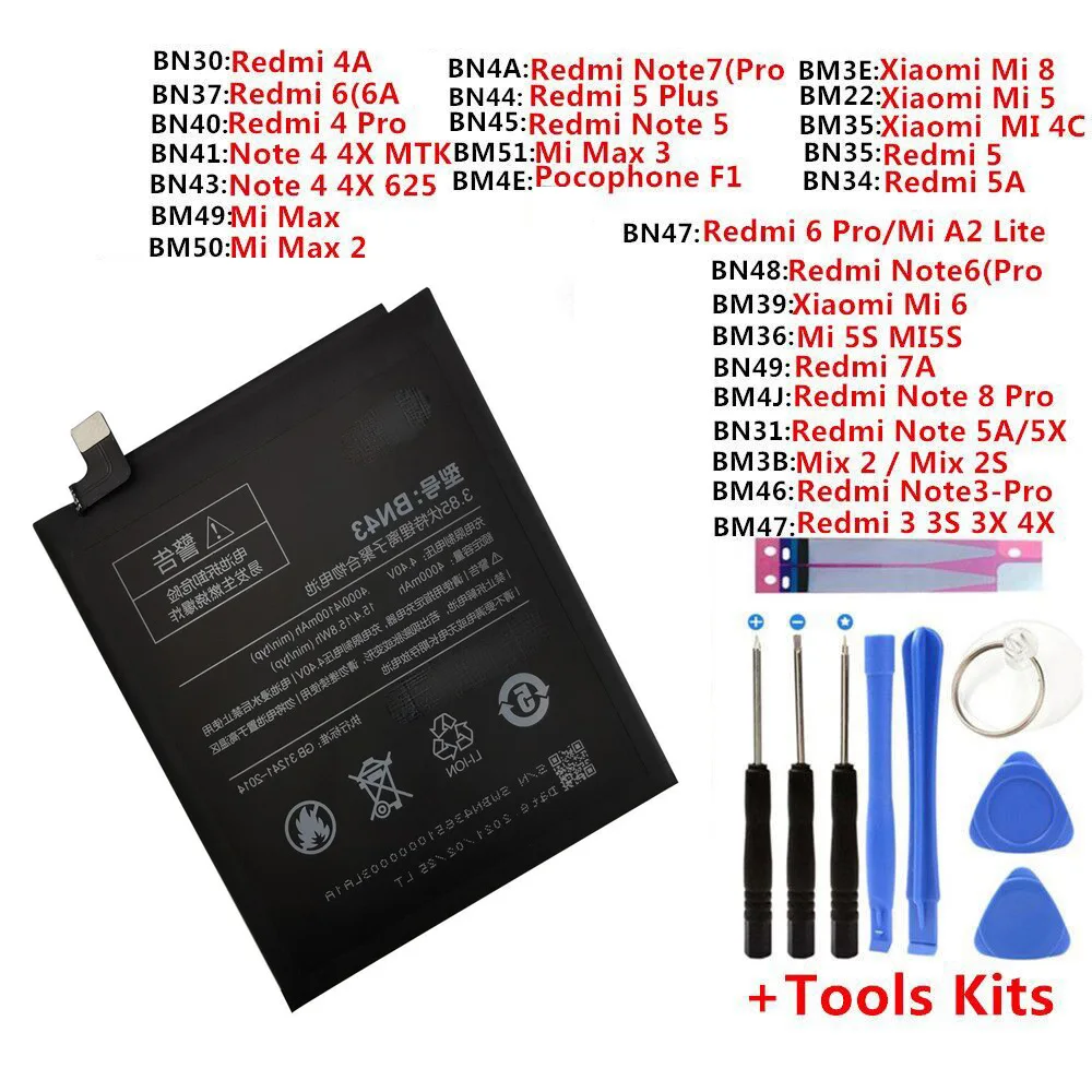 

Новый аккумулятор для Xiaomi Mi Redmi Note Mix Max 2 3 3S 3X 4 4X 4A 4C 5 5A 5S 5X M5 6 6A Mi6X 7 8 9 MI9 Pro Plus Lite