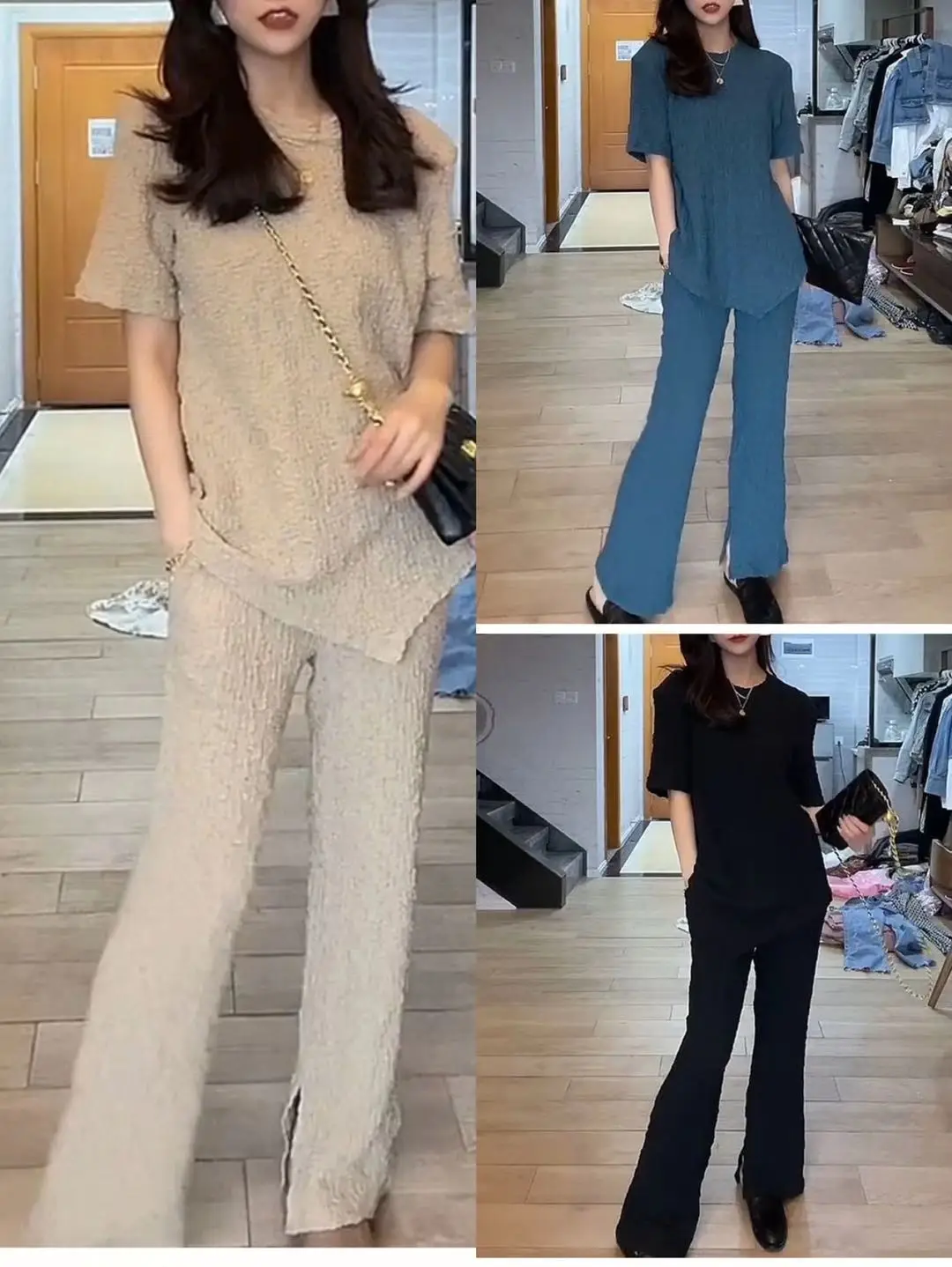 

2021 new pleated two-piece high-waist split wide-leg pants short-sleeved slimming fashion casual suit for women JXMYY