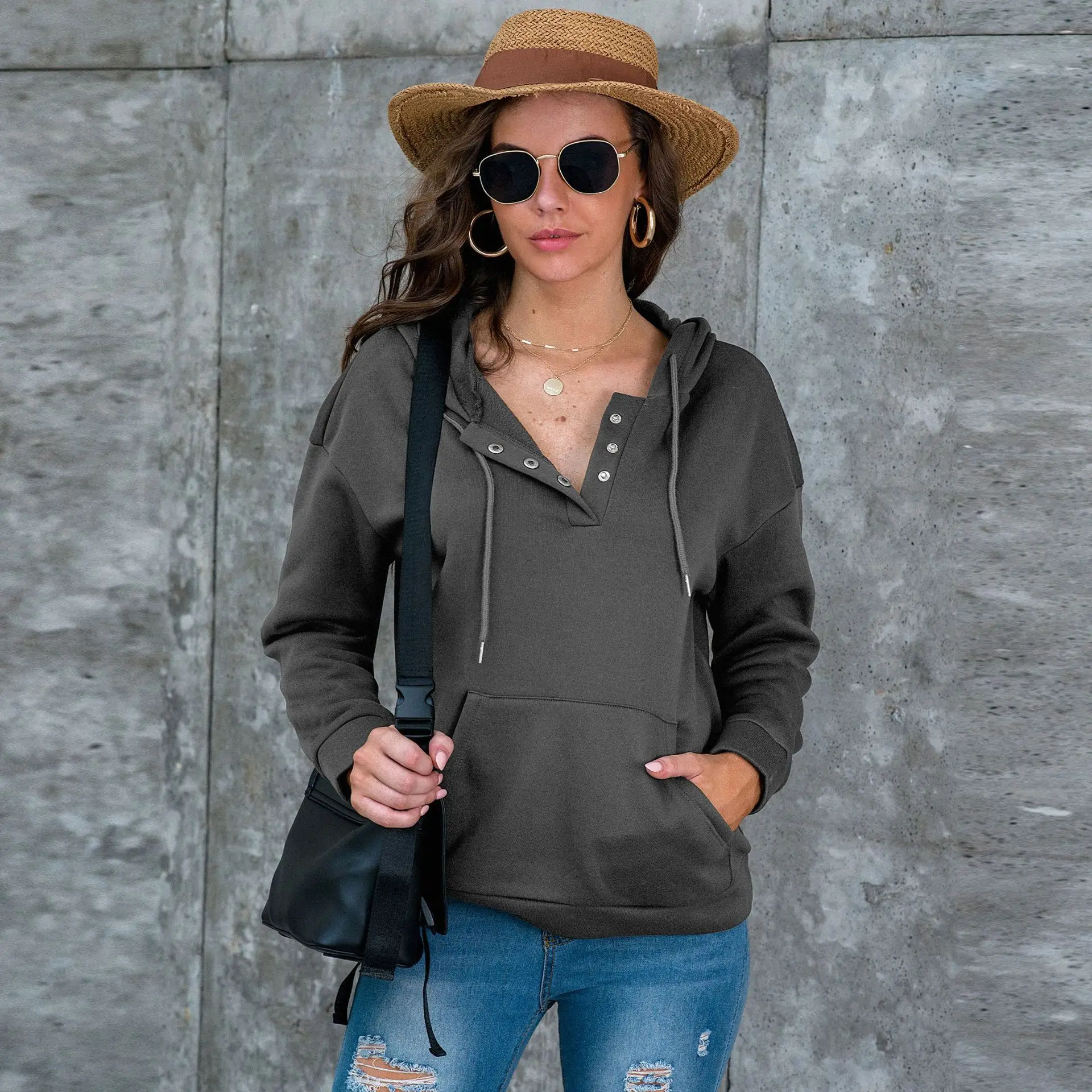 

Women Fashion Long Sleeve Hoodie Casual Pocket Solid Color Pullovers Hooded for Ladies Female Solid color women's Sweatshirts
