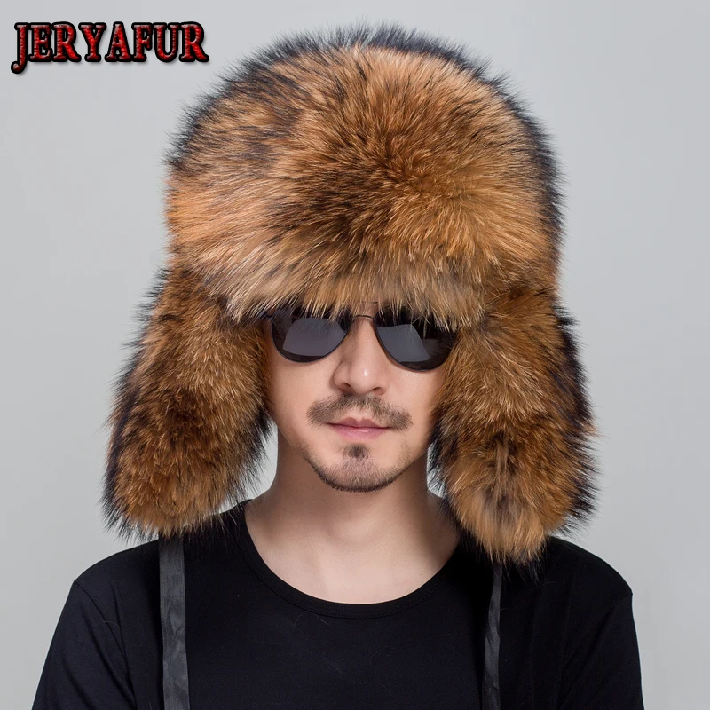 

JERYAFUR Genuine Fox Fur Hats For Men Real Raccoon Fur Lei Feng Caps Russian Winter Men Ear Hats For Women hat
