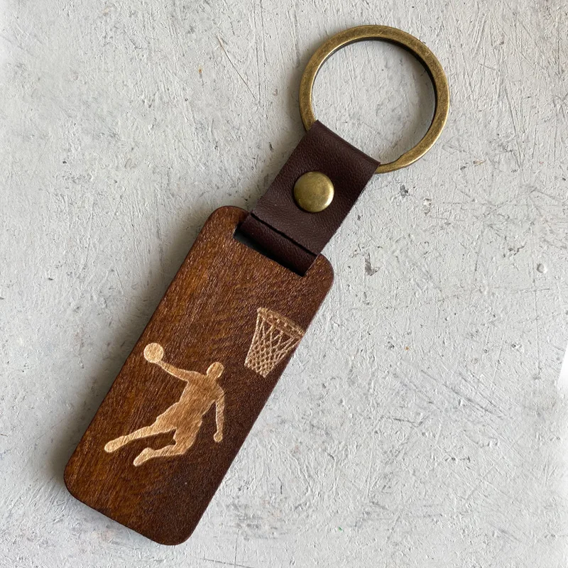 

Leather Connector Laser Carved Wooden Bar Basketball Baseball Pendant Keychain Geometric Vintage Sport Style Key Ring Wholesale