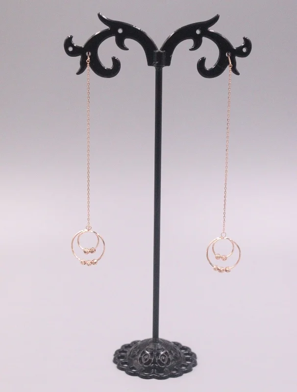 

Pure 18K Rose Gold Earrings Women Gift Double Circle Carved Beads O Link Chain Dangle Earrings / 1.3-1.5g