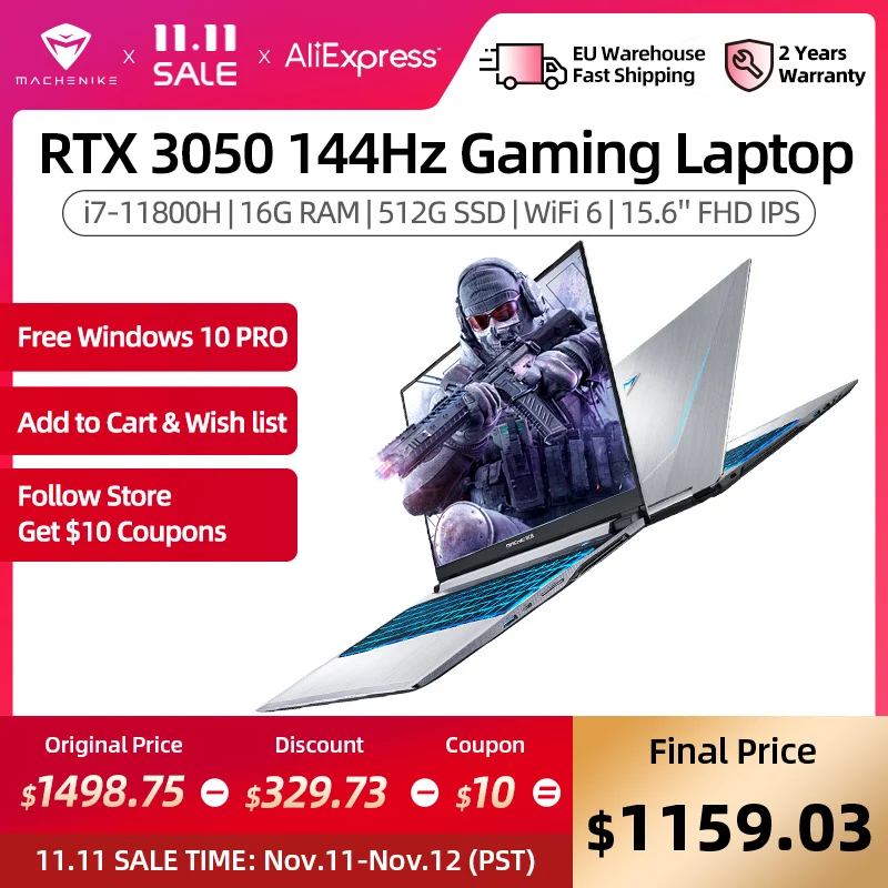 Игровой ноутбук Machenike T58 RTX 3050, ноутбук i7 11800H 144 Гц, ноутбуки 512 ГБ SSD 15,6 дюйма, Wi-Fi, 6 клавиатур с подсветкой, ноутбук на Windows 10 - изображение