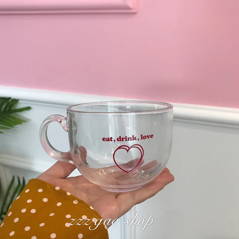 Корейские стеклянные чашки с двойным сердечком большого объема для девушек