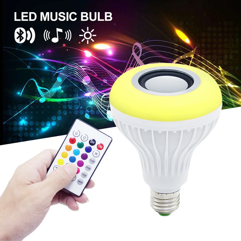 

Smart E27 12W LED RGB Bulb Wireless Bluetooth Speaker Music Playing Audio Dimmable Light Bulb RGBW Lamp with Remote Controllor