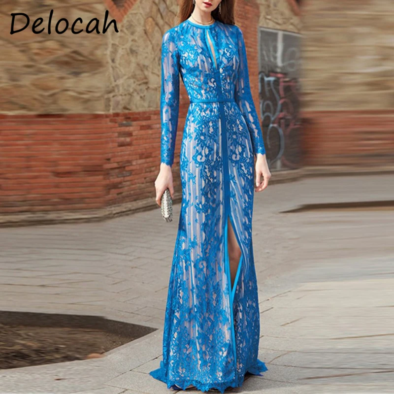 

Delocah New 2021 Autumn Women Fashion Runway Party Long Dress Long Sleeve Gorgeous Lace Elegant Slim Blue Print A-Line Dresses