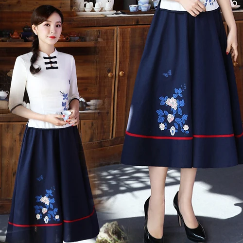 Модные свободные повседневные короткие юбки с карманами вышивка хлопок лен юбка