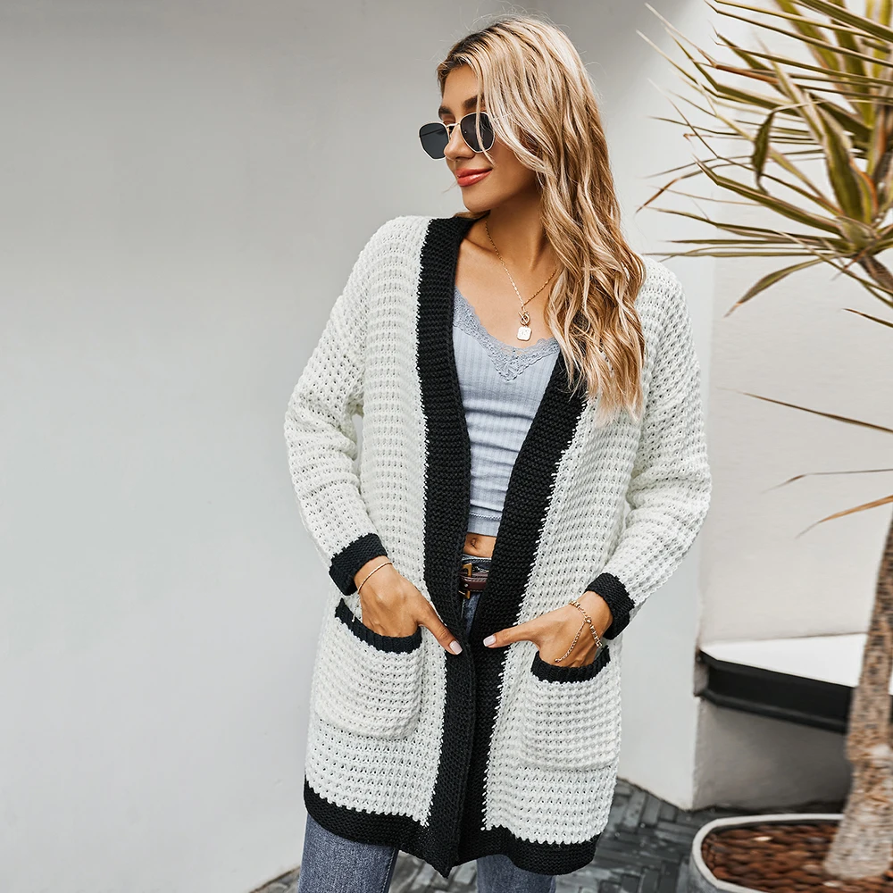 Женский кардиган с открытым швом свитер карманами и длинным рукавом вязаные