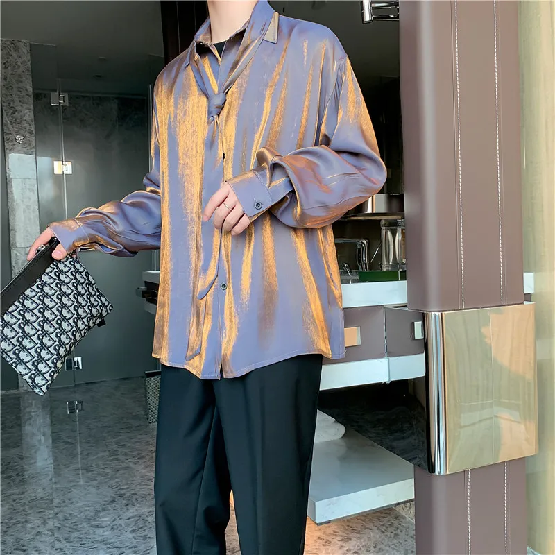 

Spring super fire super bright four-color polarization dazzling color literary style tie long sleeve shirt men and women