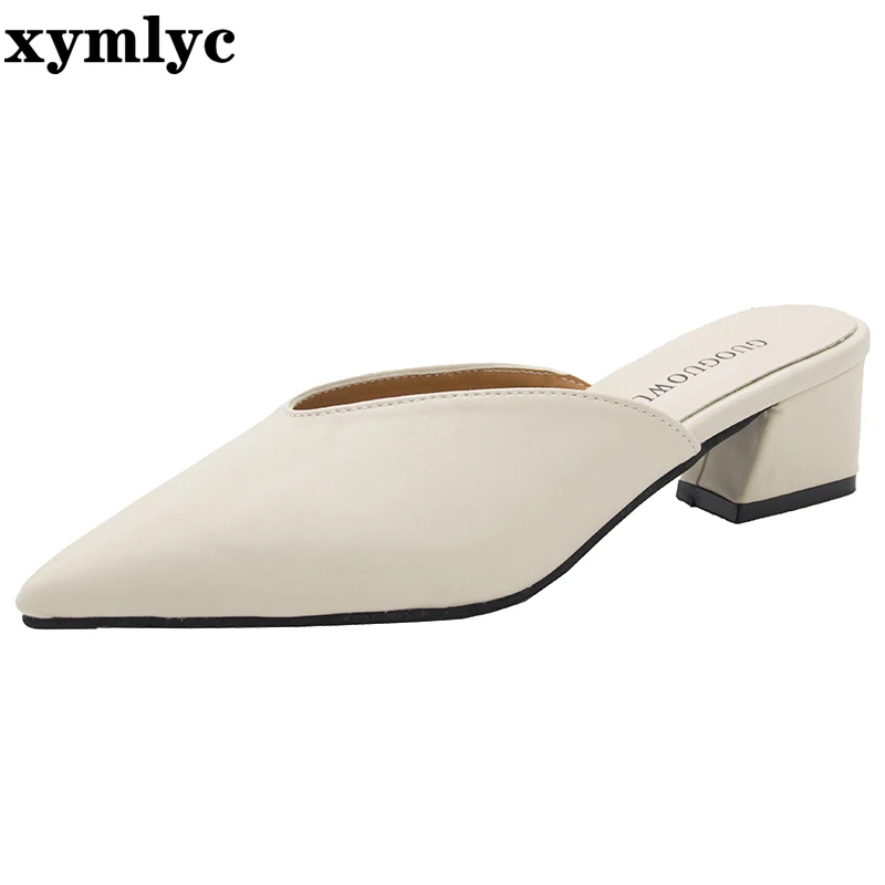 2020 new ladies pointed toe Thick heel High heels women's fashion mid-heeled shoes summer slippers Black khaki creamy-white | Обувь