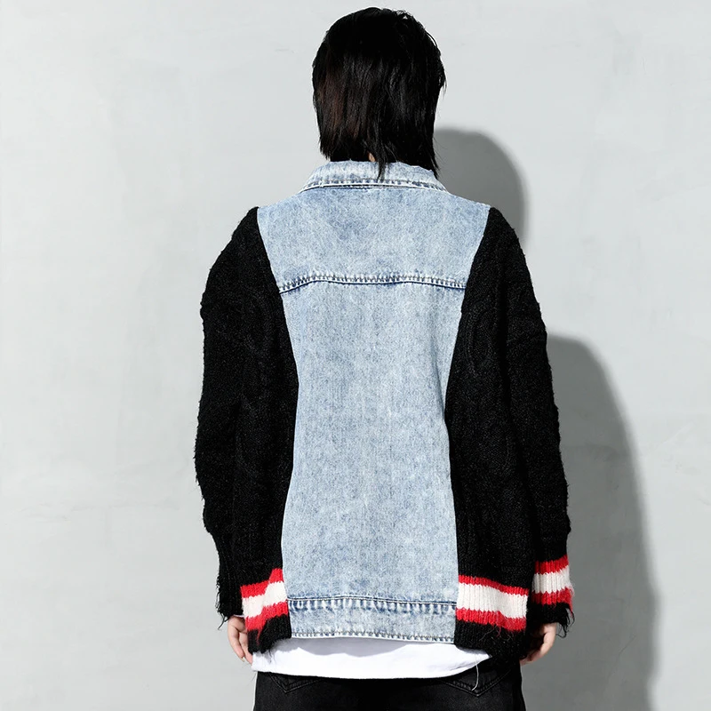 

Black Loose Fit Knitting Denim Big Size Jacket New Lapel Long Sleeve Women Coat Fashion Tide Autumn Winter 2021 1DD3807