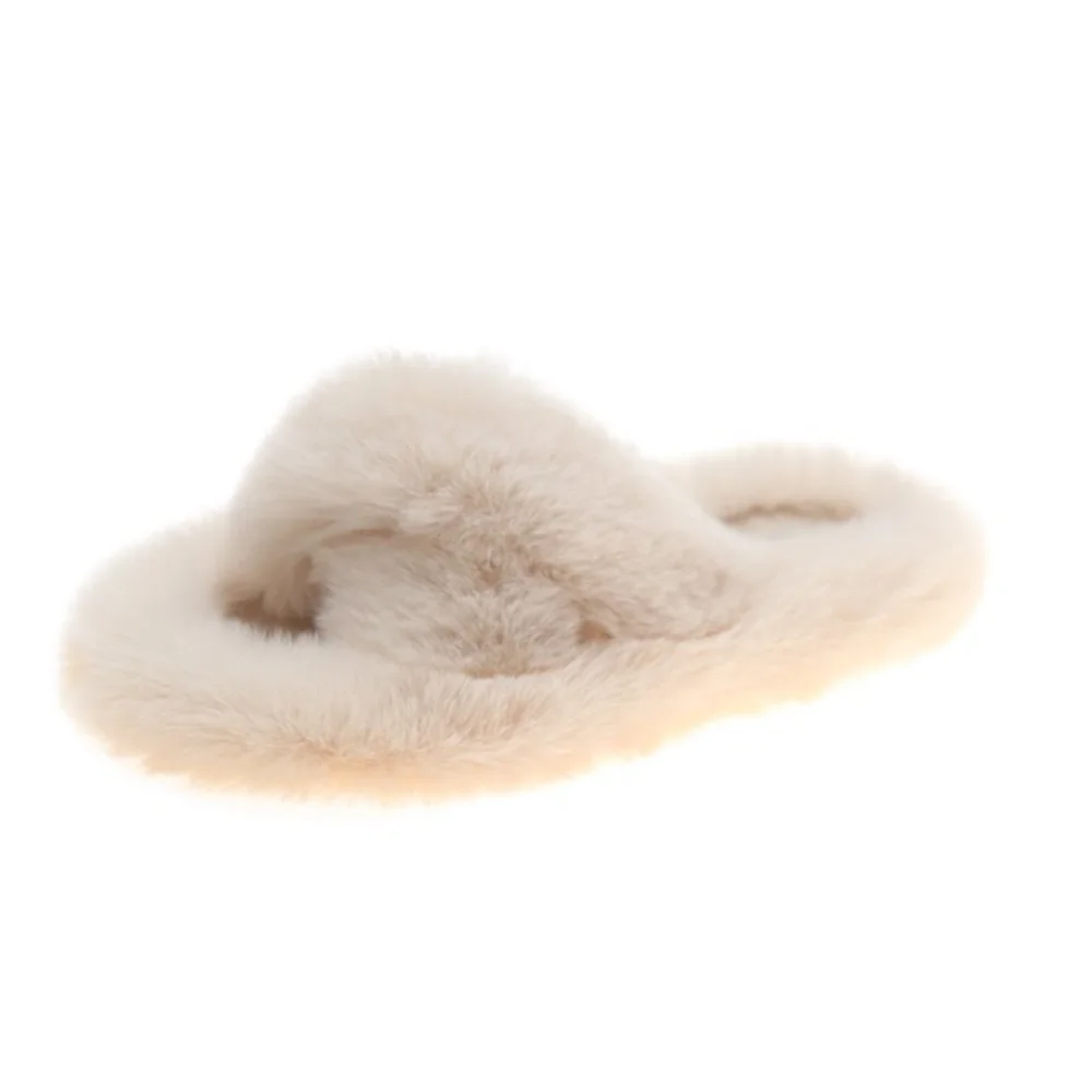 

Women's Winter Fur Home Slippers Cross Belt Warm Plush Shoes Open Toe Furry Slippers Indoor 2021 Slippers Women Slippers Women