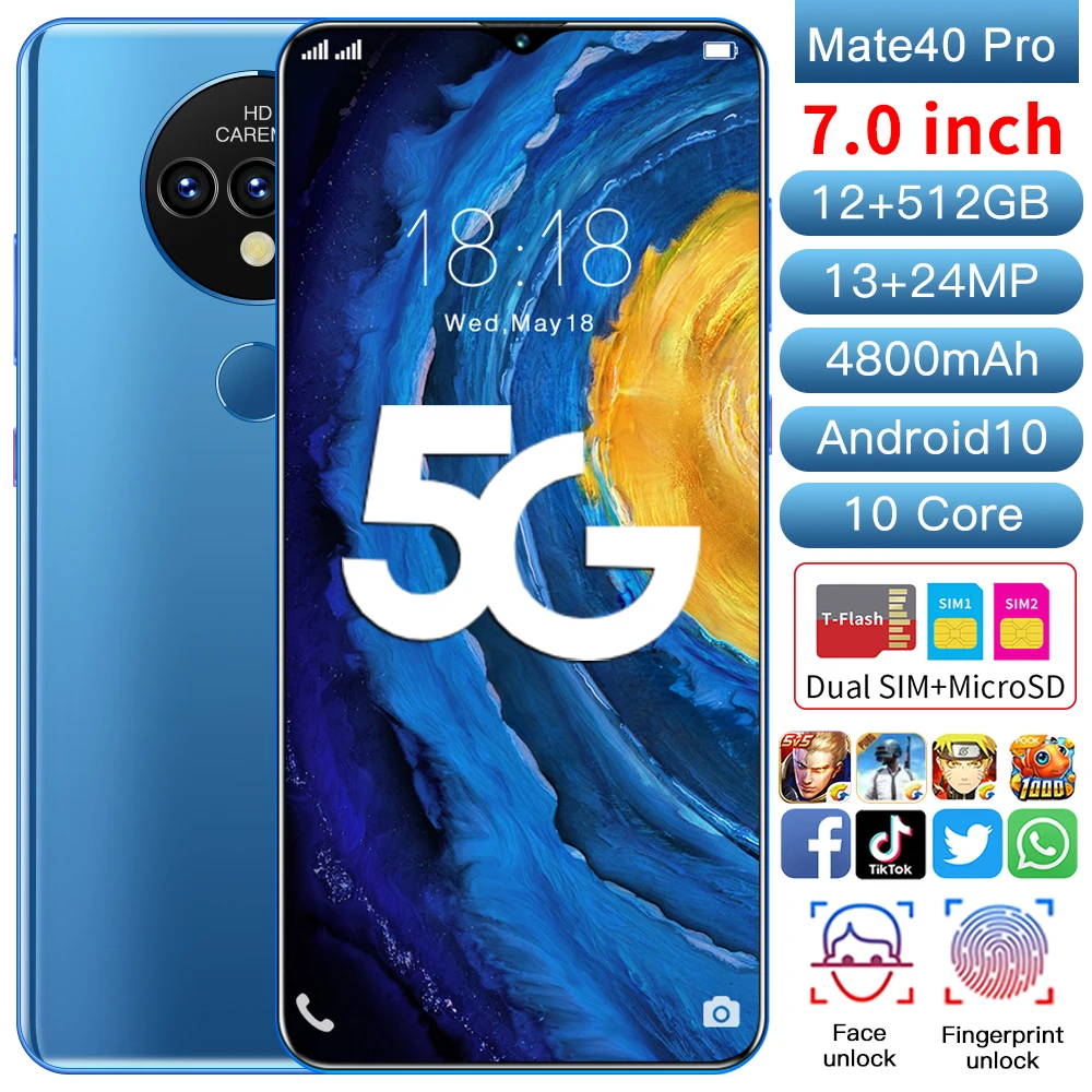 

Mate40pro Smartphone Android High-Grade Back Cover Of Hot-Bent Glass 4800mAh 13MP+24MP 12GB+512GB Cell Phone Dual Card Phones