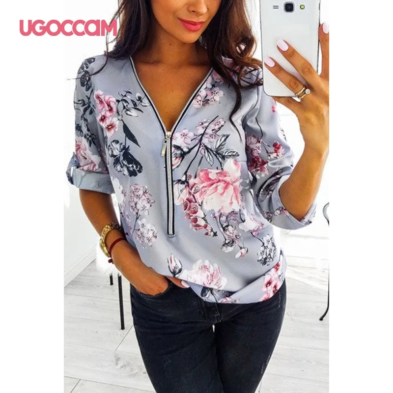 UGOCCAM S 5XL цветочный с коротким рукавом Блузка Повседневная рубашка для женщин