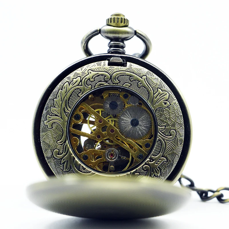 Exquisite Carved Pattern Double Opening Mechanical Pocket Watch Retro Steampunk Manual Winding Men's Clock Gift with Chain