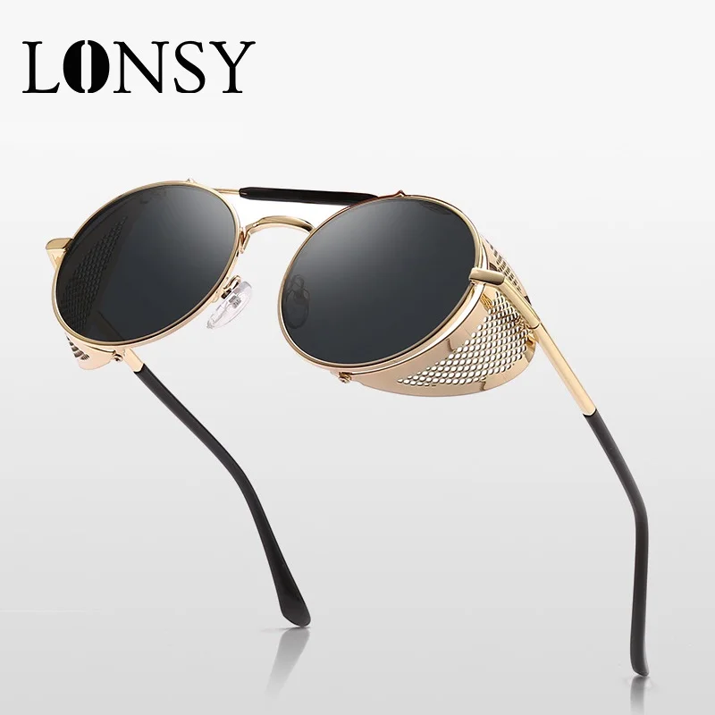

Солнцезащитные очки LONSY UV400 для мужчин и женщин UV-400, металлические ретро-очки в стиле стимпанк, круглые брендовые дизайнерские винтажные
