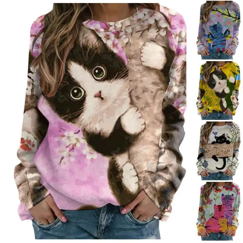 

Women's Long Sleeve Sweatshirt 2021 Fall/Winter New Style Ladies Loose Fashion Printed Cat Top