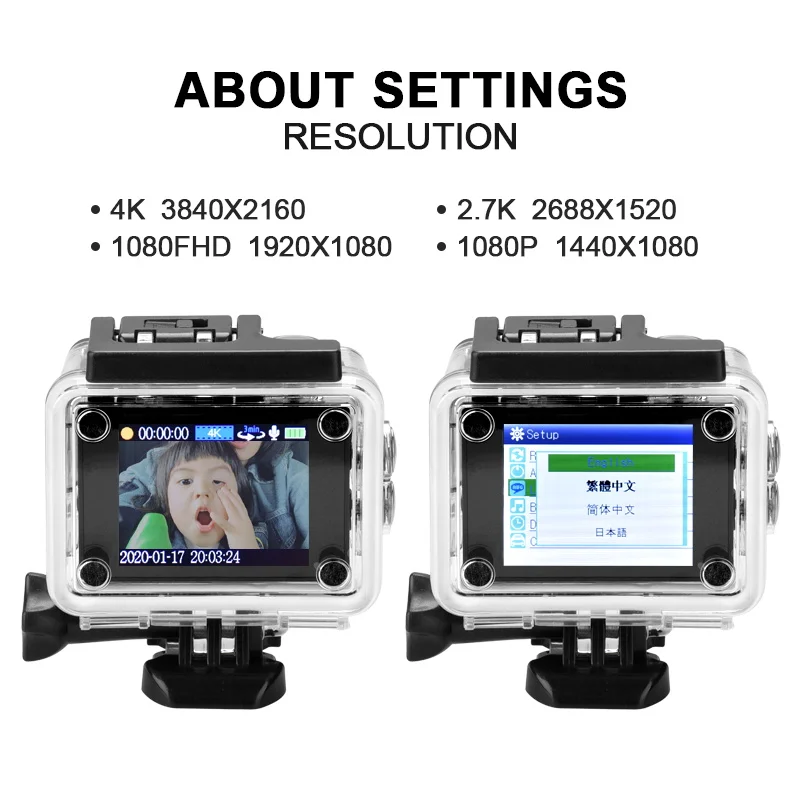 Экшн камера Ultra HD 4K WiFi экран 2 дюйма широкий угол обзора 170 ° дистанционное