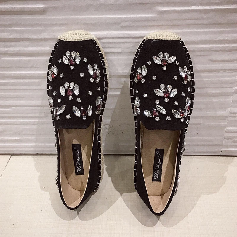 117Black Fashion Hemp Loafers Women Espadrilles Flats Shoes Sewing Rhinestone Round Toe Ladies Casual Moccasins Slip On Brand Style New - Цвет: 117Black