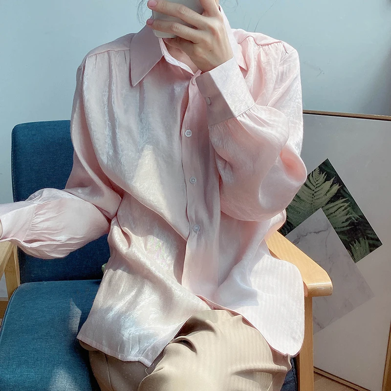 

Vintage Women Puff Sleeve Loose Blouse Shirt Female Turn Down Collar Blouse Tops Solid Color Ladies Autumn Spring Office Blouse