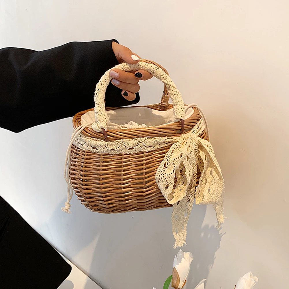 

Fashion Women Rattan Woven Lace Basket Tote Bag Casual Summer Small Handbag
