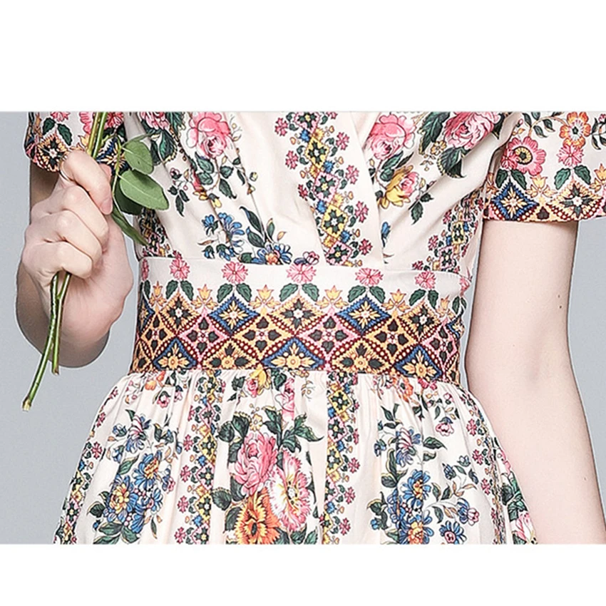 

Designer Runway Dress Women V-Neck Print Retro Vintage Dresses High Quality Fashion Slim Waist Midi-calf Dress Summer Vestidos