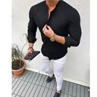 Рубашка мужская приталенная с длинным рукавом, лен и хлопок, на пуговицах, Повседневная Блузка для фитнеса, модная однотонная, 2019