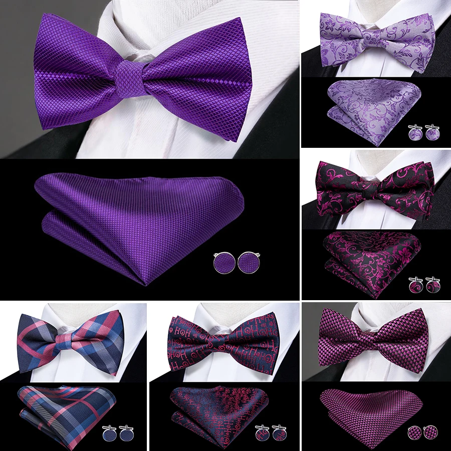 

100% Silk Men's Wedding Party Bow Tie Set for Men Purple Solid Purple Floral Bowtie Pocket Squre Cufflinks Set Fashion Necktie