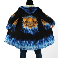 3d all over printed hooded cloak skull on blue fire winter warm x long coat mens unisex flannel outwear dropshipping