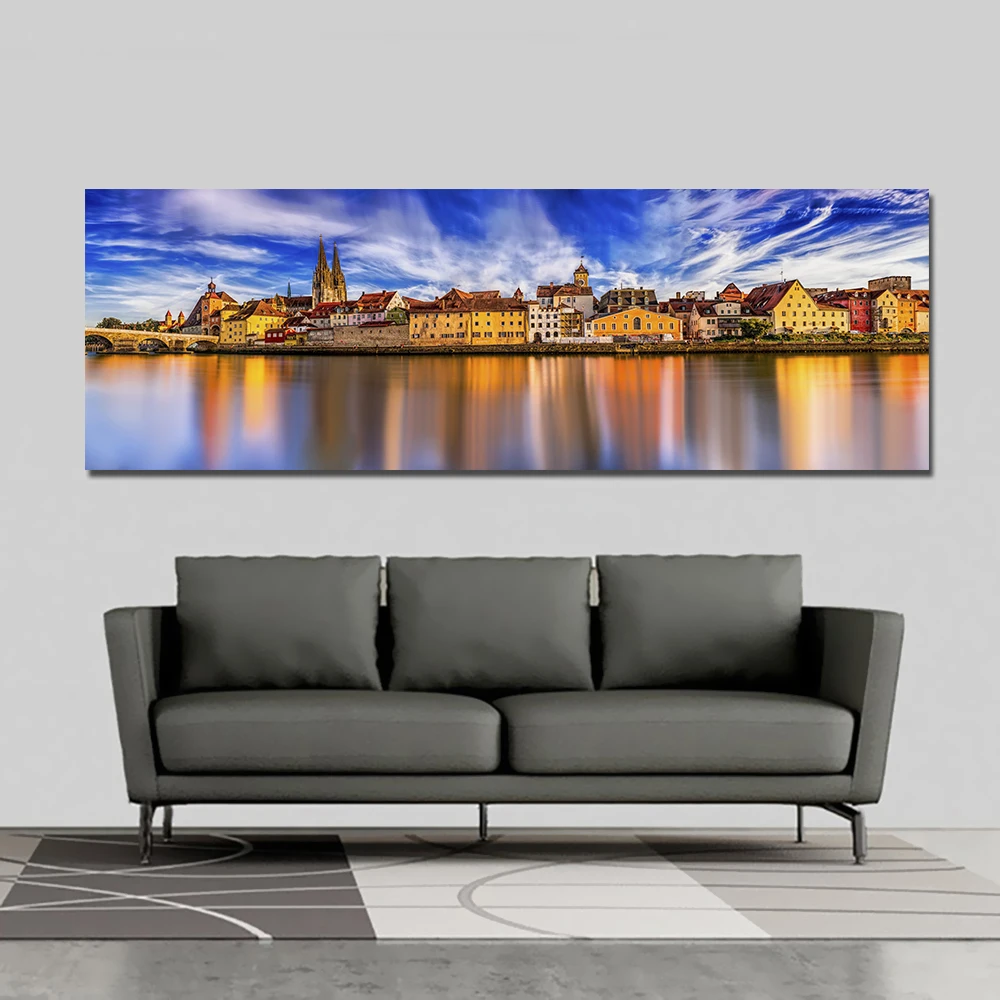 2021 Новый Wall Art Большой Размеры фон с рисунком пейзажа деревьями рекой и дом Синий