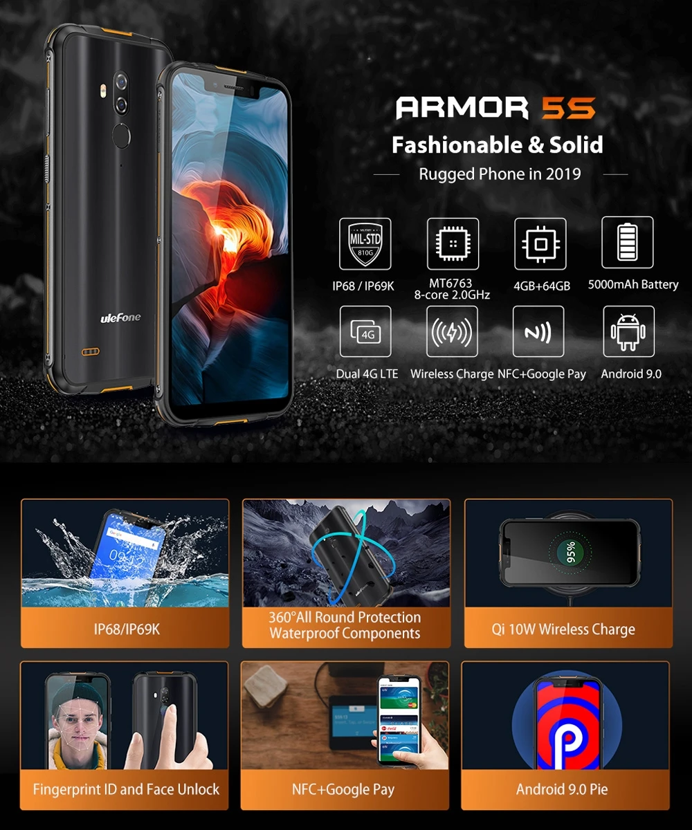 Ulefone Armor 5S прочный мобильный телефон Android 9 0 Pie 5 85 &quotips MTK6763 Восьмиядерный 4 Гб + 64