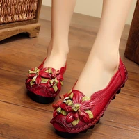 new ethinc red blooming floral flats woman vintage summer loafers non slip ladies shoe geunine leather womens moccasins