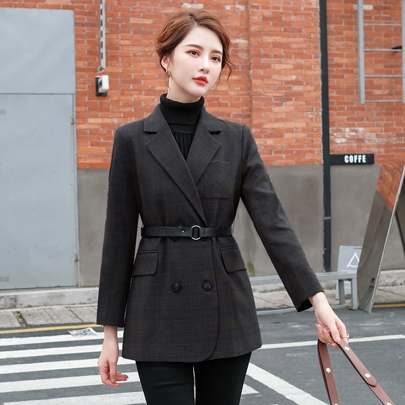 Женский двубортный блейзер в клетку темно зеленый и коричневый пиджак Корейском