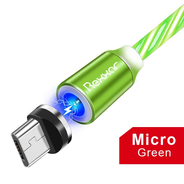Micro USB Green Rexxar Магнитный кабель type C Micro USB светодиодный магнитный usb-кабель для зарядки для Apple IPhone X 7 8 6 Xs Max XR samsung s9 Xiaomi шнур - Цвет: Micro USB Green