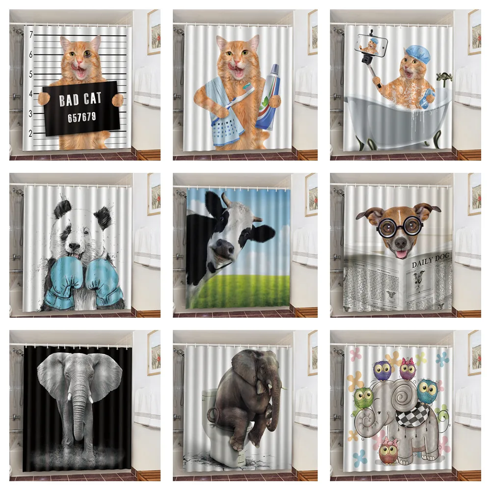 

Funny Bad Cat In Jail Shower Bath Curtain Cute Elephant Cow Soft Print Polyester Toilet Cortinas For Bathroom Waterproof Fabric