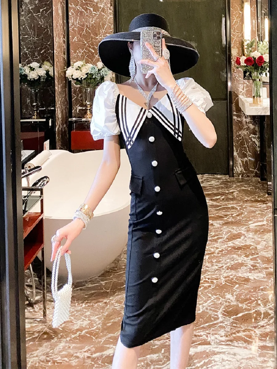 

French tight black and white stitching short-sleeved women's sexy dress 2020New summer single-breasted elegant women's dress XL