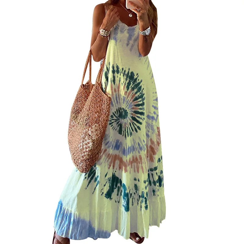 

BAMBOOBOY Women Print Contrast Color Holiday Beach Casual A Line Maxi Dress FC968