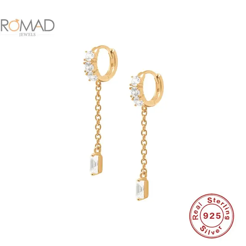 

ROMAD 9mm Gold Tiny Rectangle Earring Women S925 Sterling Silver White Zircon Chain Pendant Earrings Jewelry Oorbellen