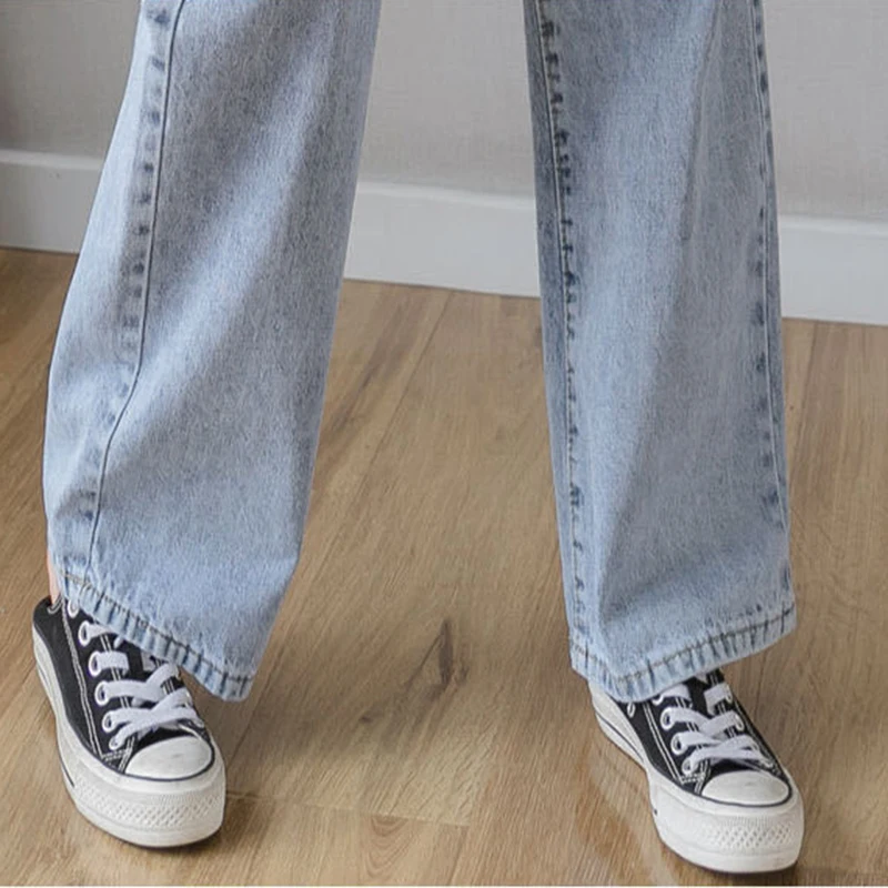 

korean slim womens highwaist wide leg trousers fashion lace up straight fit Zipper jeans Casual street style loose jean