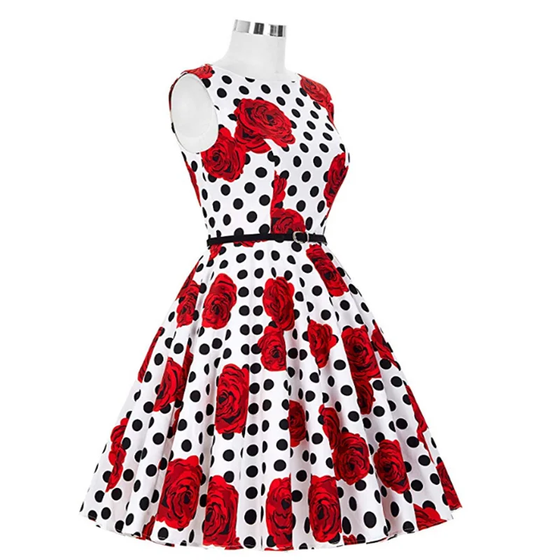

50s Polka Dot Retro Dress red Floral Print Vintage Swing Women Sleeveless Belt Wear Gala Prom Pinup 60s Rockabilly Dresses