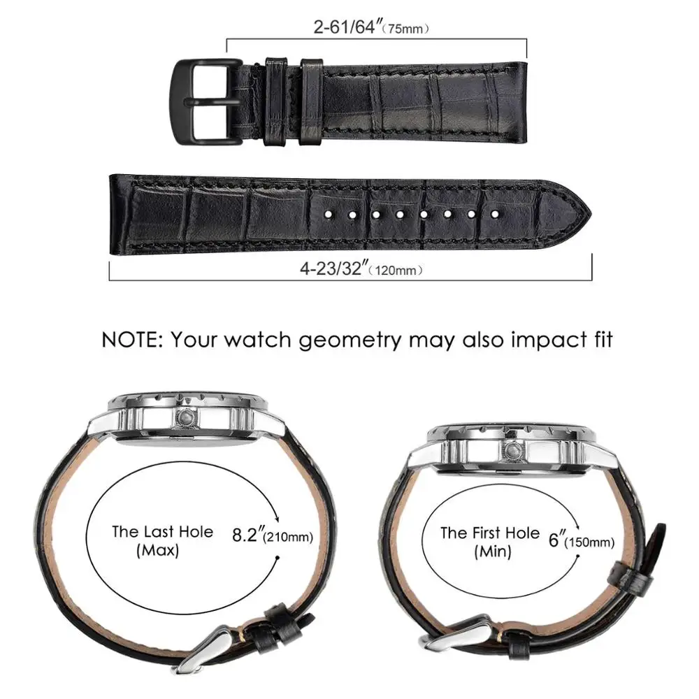 BISONSTRAP Alligator Embossed Cowhide Leather Replacement Strap for Men Women,14mm 18mm 19mm 20mm 21mm 22mm Black Buckle