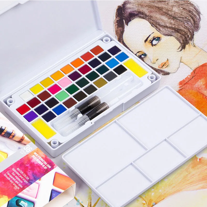 

2/18/24/36 Colors Portable Travel Solid Pigment Watercolor Paints Set With Water Color Brush Pen For Painting Art Supplies