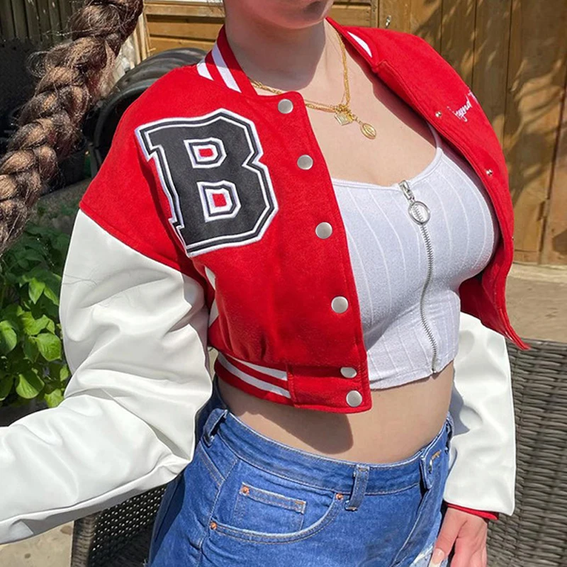 

Patchwork Baseball Jacket Women Print Casual Oversized Baseball Short Coat Female Autumn Winter Fashion 2021 College Student