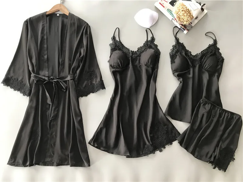 Spring New 4 Pcs Lace Fashion Women Pajama Set With Chest Pad Spaghetti Strap Cardigan Shorts Set Pyjamas